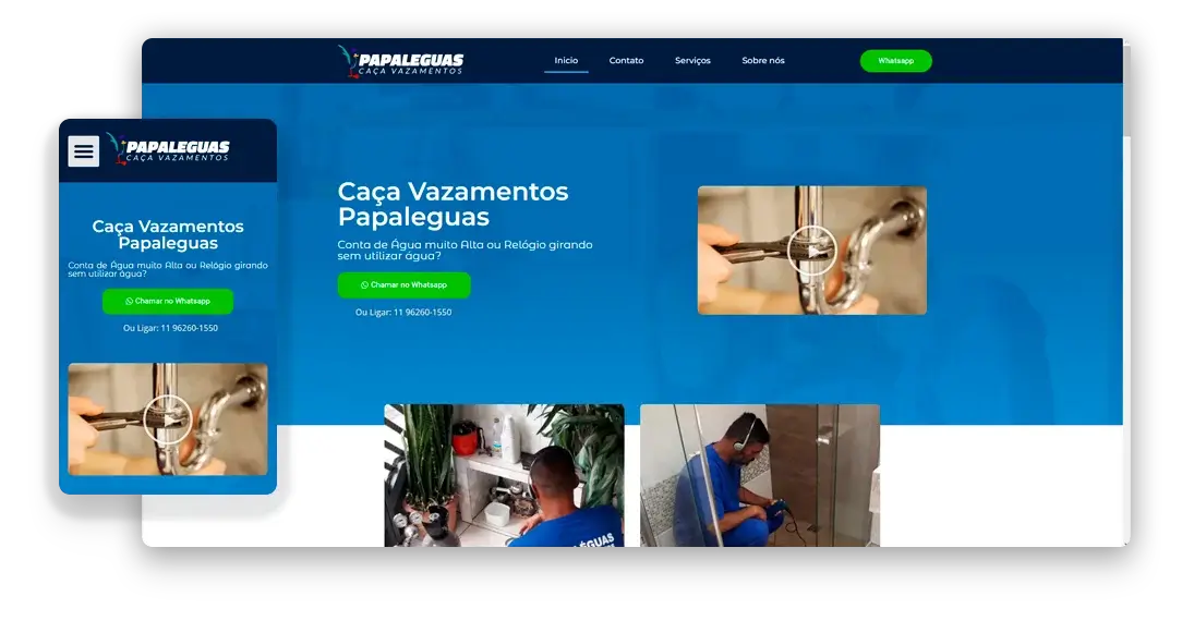 Projeto de site responsivo por Davi Wendell, Web Designer, para uma empresa de caça vazamentos. Exibindo as versões desktop e mobile integradas, garantindo uma experiência consistente em todos os dispositivos.